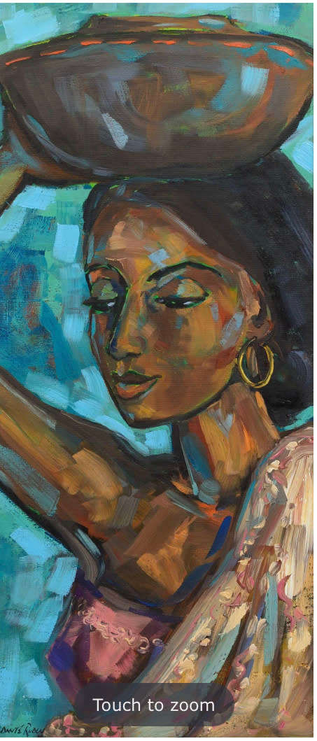 Dante Ruben (SA Born 1962) Oil, Lady Carrying a Bowl, Signed Size 62X27cm