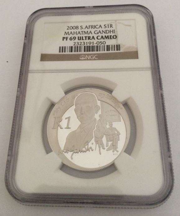 CRAZY R1 START: 2008 Mahatma Gandhi Silver R1 graded by NGC PF69
