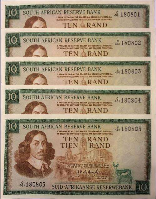 T W de Jongh R10 UNC set of 5 in series- very rare!