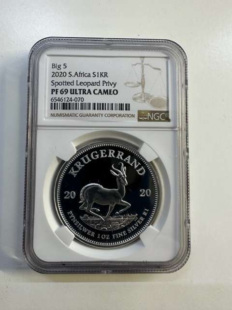 2020 SILVER KRUGERRAND 1oz LEOPARD PRIVY NGC PF69 ULTRA CAMEO
