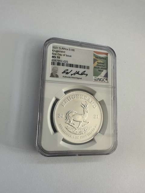 2021 SILVER KRUGERRAND 1oz NGC MS70 ED HARBUZ SIGNED FIRST DAY OF ISSUE