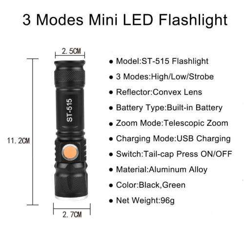 Mini USB Charging Flashlight Torch 3 Modes Light