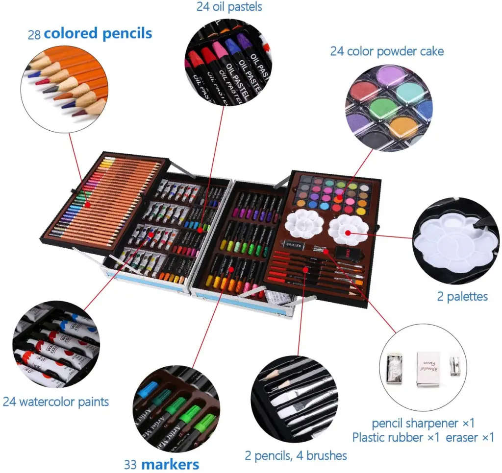 Art Set with Aluminum Folding Case for Kids - 145 Piece Set - Blue