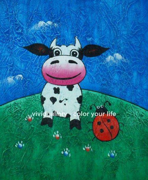 Framed Hand-painted Stock Oil Painting Cartoon Kids Children Cute Cow SA13