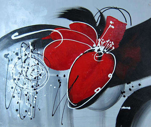 Hand-painted Canvas Signed Oil Painting 60cmx50cm Red Flowers Black FM12-03