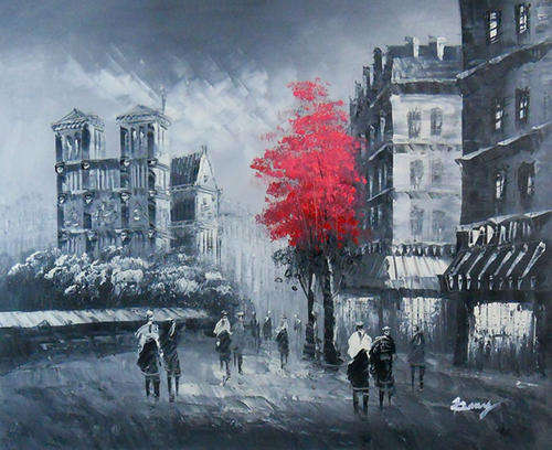 Hand-painted Canvas Signed Oil Painting 60CMX50CM Paris Street Night Red Trees P263