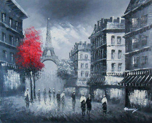 Hand-painted Canvas Signed Oil Painting 60CMX50CM Paris Street Night Red Trees P266