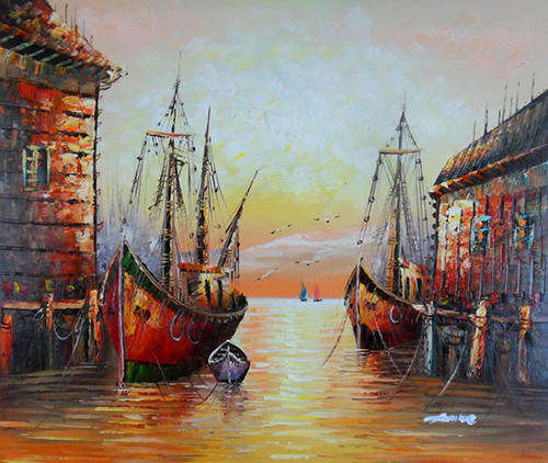 Hand-painted Stock Signed Oil Painting 24"x20" Dock Boats Seascape Sunrise HM10