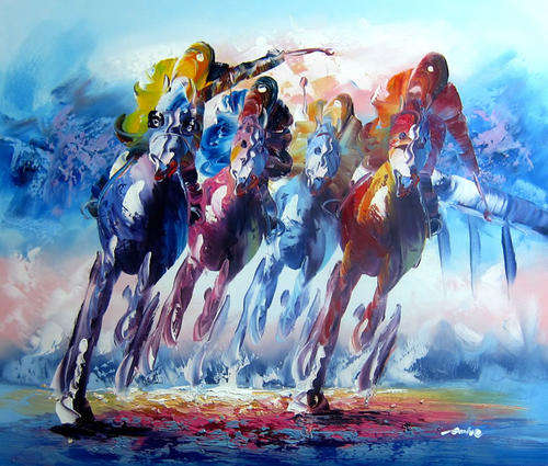 Handmade Canvas Signed Oil Painting 20"x40" Horses Racing Sports RH68
