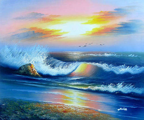 Hand-painted Signed Stock Oil Painting 24"x20" Rock Waves Bird Sea Sunshine HW14
