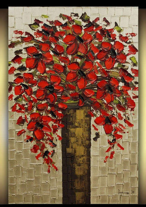 Hand-painted Heavy Texture Oil Painting 90cmx60cm Red Flower Golden Abstract Deco Art HS034