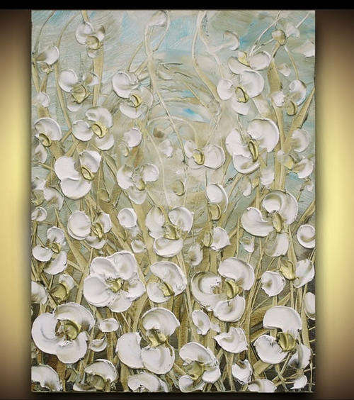 Hand-painted Heavy Texture Oil Painting 90cmx60cm White Flowers Golden Abstract Deco Art HS049