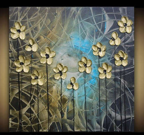 Hand-painted Heavy Texture Oil Painting 60cmx60cm Golden Flowers Abstract Deco Art HS273