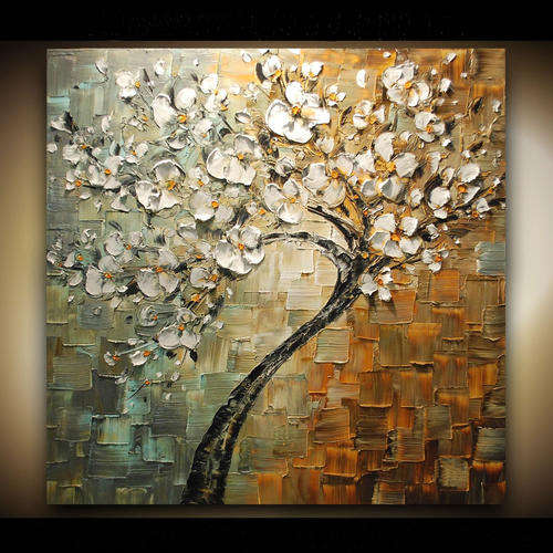 Hand-painted Heavy Texture Oil Painting 60cmx60cm White Flowers Tree Abstract Deco Art HS059