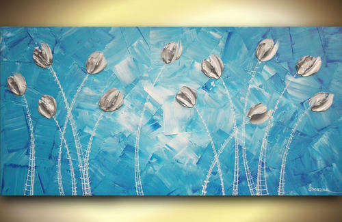 Hand-painted Heavy Texture Oil Painting 120cmx60cm Silvery Flowers Blue Abstract Deco Art HS280