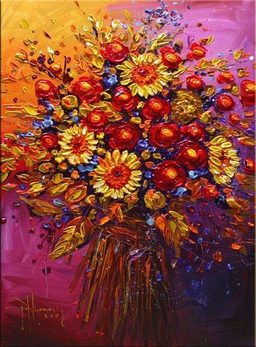 Hand-painted Heavy Texture Oil Painting 90cmx60cm Flowers Abstract Deco Art HN012