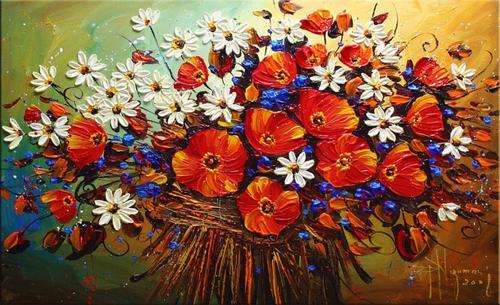 Hand-painted Heavy Texture Oil Painting 90cmx60cm White Red Flowers Daisy Abstract Deco Art HN018