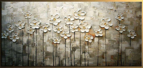 Hand-painted Heavy Texture Oil Painting 120cmx60cm White Flowers Gray Abstract Deco Art HB028