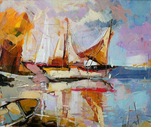 Hand-painted Oil Painting Pallet Knife 70cmx50cm Abstract Deco Art Modern Boats LK011