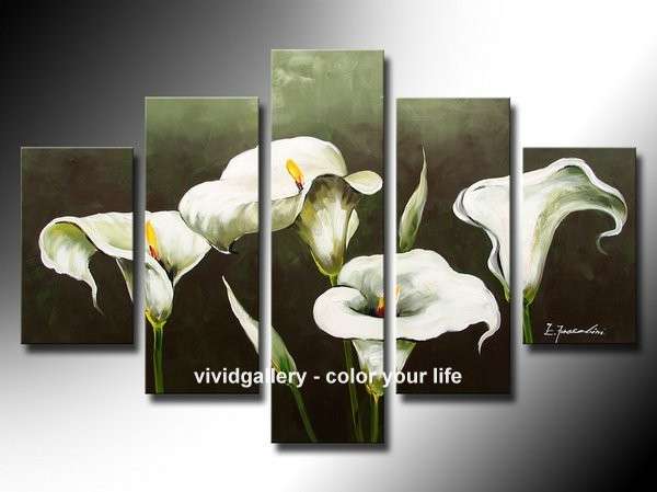 Framed & Stretched Oil Painting Hand-painted Canvas Flowers White Lily Cyan HD146
