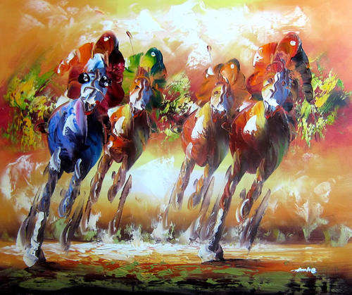 Rolled Hand-painted Canvas Signed Oil Painting 60CMX50CM Modern Horse Racing RH76