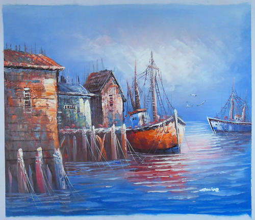 Rolled Hand-painted Canvas Signed Oil Painting 60CMX50CM Modern Seascape Dock HM04