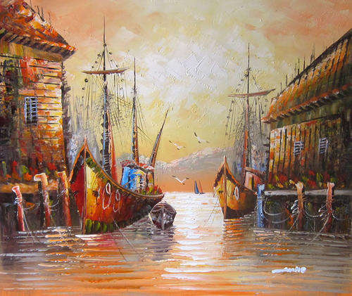 Rolled Hand-painted Canvas Signed Oil Painting 60CMX50CM Modern Seascape Dock HM31