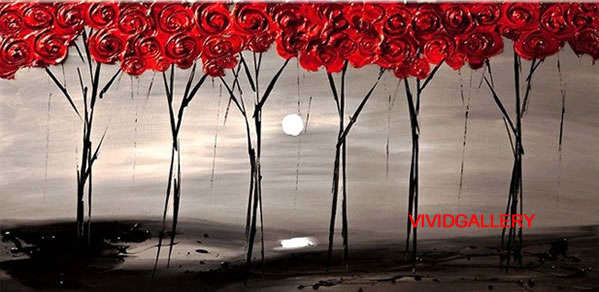 Rolled Large Oil Painting 120cmx60cm Hand-painted Canvas Landscape Trees Red Grey ABL154