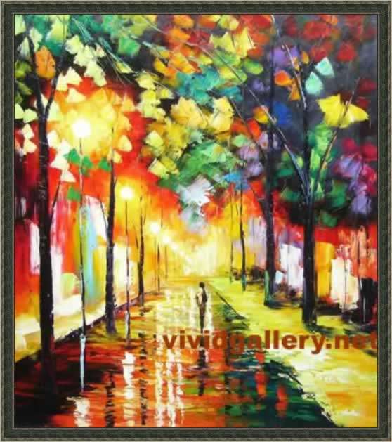 Oil Painting Night Rain Street Lamp Umbrella Lover M56