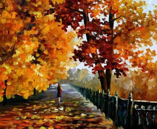 Oil Painting Night Rain Street Lamp Park Autumn M45