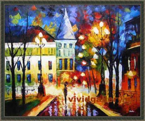Oil Painting Night Rain Street Lamp Umbrella Man M108