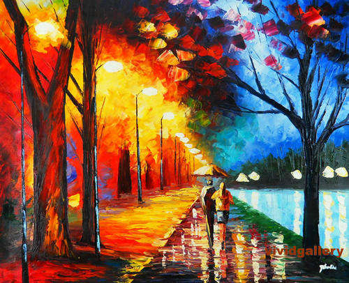 Oil Painting 24"x20" Cityscape Night Rain Street Lamp Umbrella Lover M32