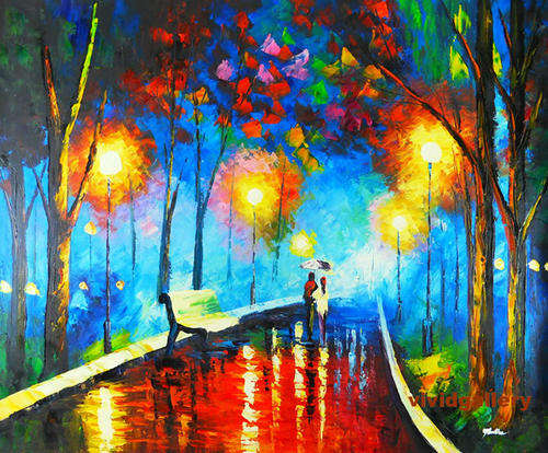 Oil Painting 24"x20" Cityscape Night Rain Street Lamp Umbrella Lover M76