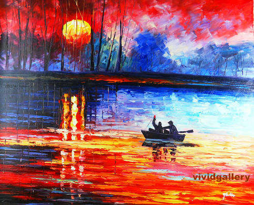 Oil Painting 24"x20" Cityscape Night Rain Street Lamp Boats Lake M150