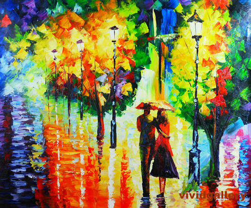 Oil Painting 24"x20" Cityscape Night Rain Street Lamp Umbrella Lover M94