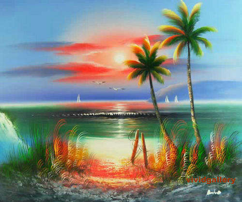 Oil Painting 24"X20" Seascape Reeds Sunrise Birds H80