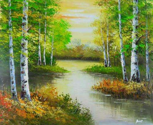 Oil Painting 24"X20" Forest Trees Waterfall River Village Spring L86