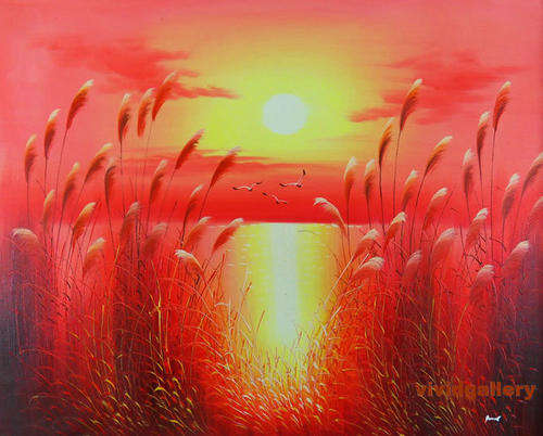 Oil Painting 20"x24" Seascape Reeds Sunrise Birds Beach H62