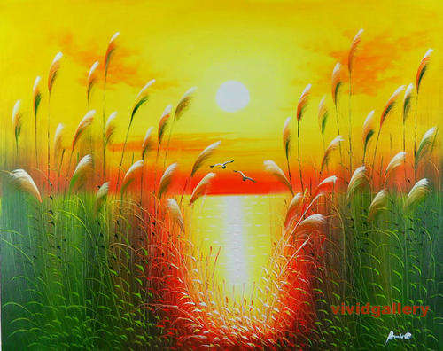 Oil Painting 20"x24" Seascape Reeds Sunrise Birds Beach H44