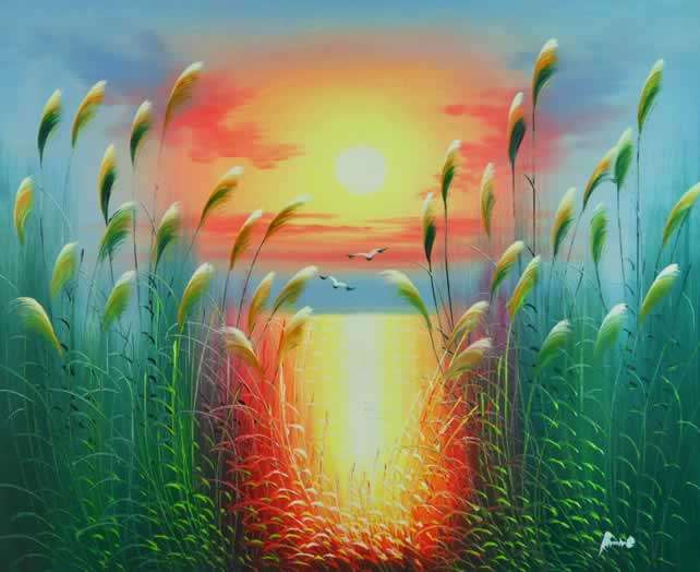 Handmade Canvas Oil Painting 20"x24" Seascape Reeds Seaside Spring Sunrise H74