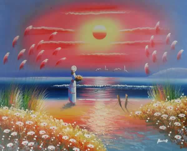 Oil Painting 20"x24" Seascape Moonlight Girls Seaside Autumn H92