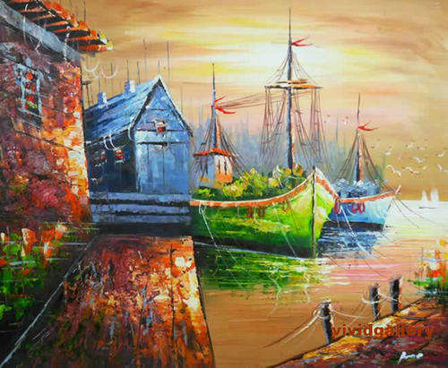Oil Painting 20"x24" Seascape Dock Boats Sea Sunrise H55