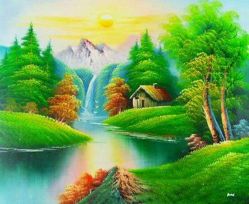 Oil Painting 20"x24" Landscape Forest Fall River Trees Houses Spring L50