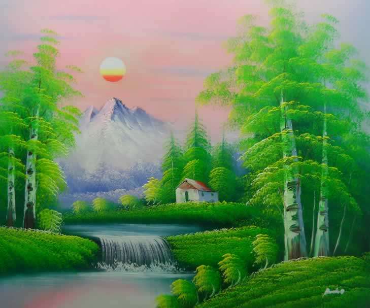 Oil Painting 20"x24" Landscape Forest Fall River Trees  Hills Spring L105