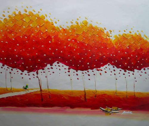 Handmade Canvs Oil Painting 20"x24" Landscape Flamed Summer Asian Women LH07