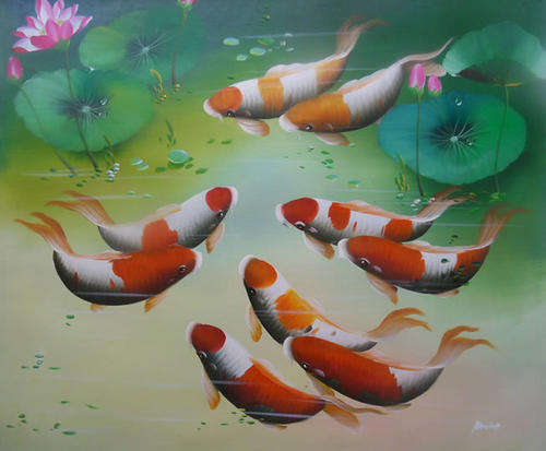 Handmade Canvas Signed Oil Painting 20"x24" Koi Fish Pink Water Lily K77