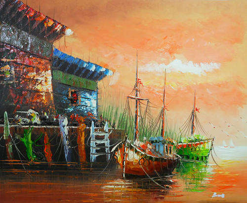 Handmade Canvas Oil Painting 20"x24" Seascape Boats Dock Birds HG38