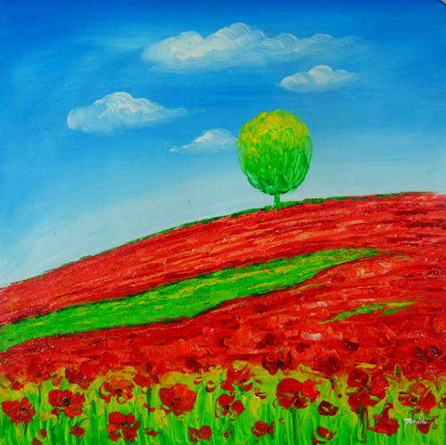 Handmade Canvas Oil Painting 12"x12" Spring Field Sky Trees HG43