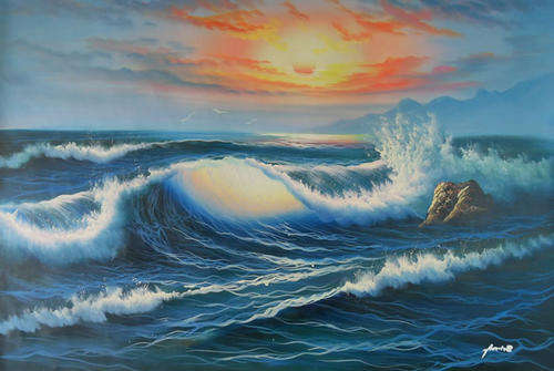 Signed Handmade Canvas Oil Painting 36"x24" Seascape Waves Sailboats HG50