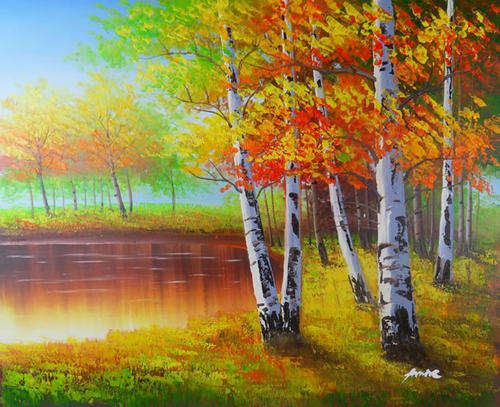 Signed Hand-painted Canvas Oil Painting 24"x20" Forest Trees Summer b51